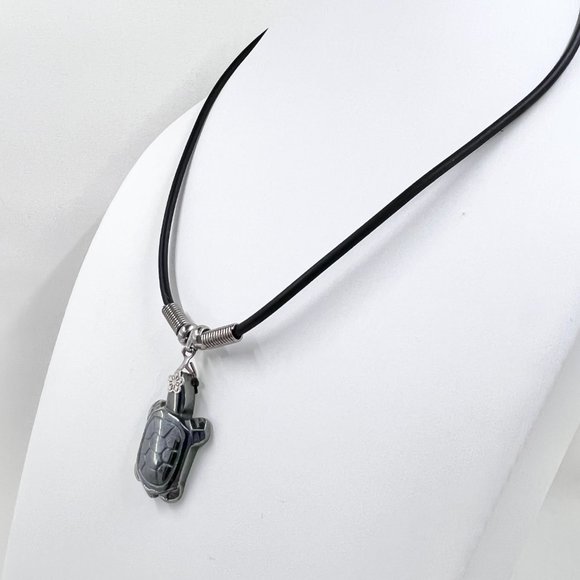 Cute Hematite Sea Turtle Pendant Black Cord 16” Necklace - Picture 3 of 7